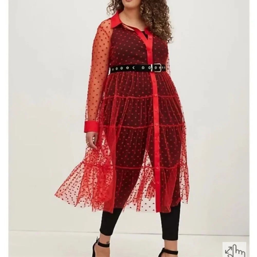 Torrid Heart Design Red Sheer Mesh Long Sleeve Button Kimono Romantic Modern NWT - Picture 4 of 16